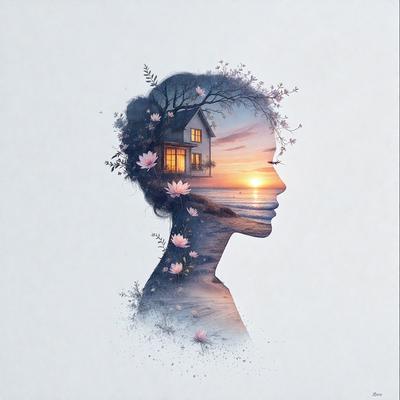 The primary subject of the image is a woman's face, which is the main focus of the image. The setting is a beach, with the ocean visible in the background. The visual style is a combination of digital art and illustration, creating a unique and artistic representation of the woman. The colors and mood of the image are predominantly warm and serene, with the sunset in the background adding to the overall atmosphere.